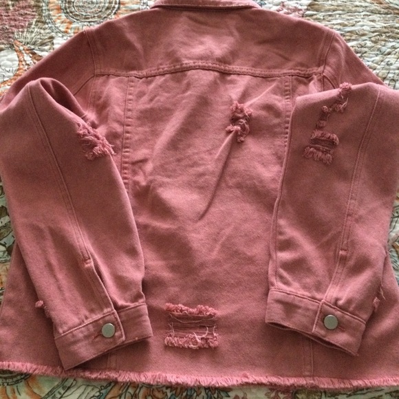 Denim Jacket NEW Large Raw Hemline Coral Salmon in Color - Picture 15 of 16